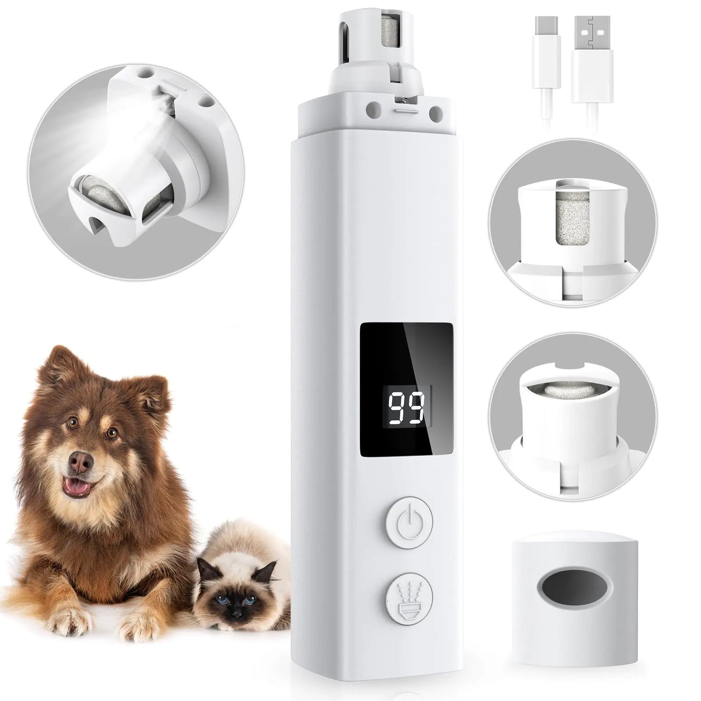 BETOPET Dog Nail Grinder Quiet - 45db 4 Speed 4 Ports 12000 r/min USB Rechargeable Electric Professional Pet Dog Nail Trimmers with LED Lights for Large Medium Small Puppy Dogs/Cats - White